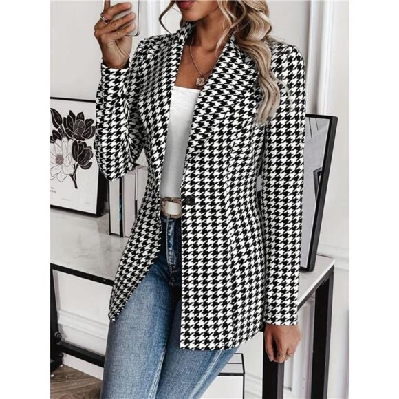 Houndstooth Print Lapel Collar Blazer - Picture 1 of 5